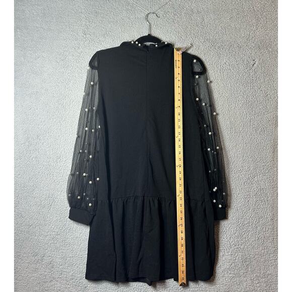 Dress Womens S Black Pearl‎ Beaded Tie Neck Mesh Bishop Sleeve Wedding Formal - Picture 6 of 9